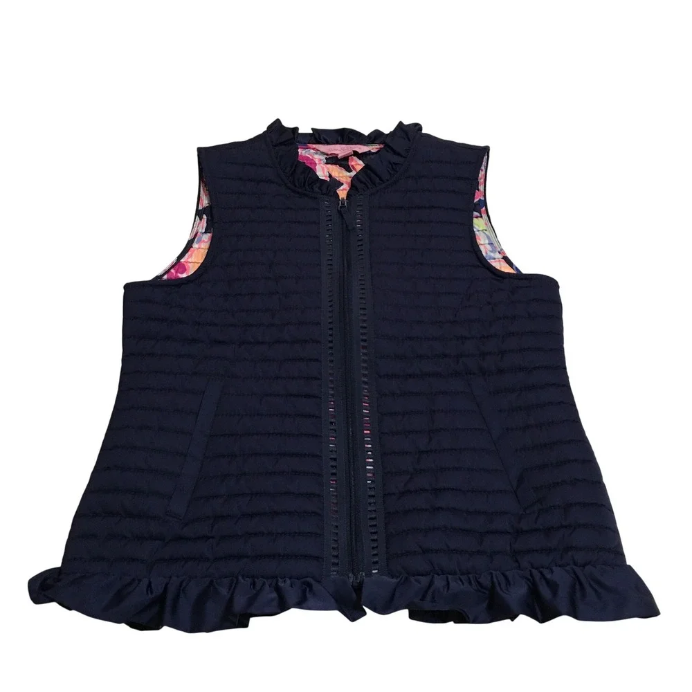 Lilly Pulitzer Quilted Vest Girls XL Navy Blue Ruffle Trim Full Zip Floral Lined